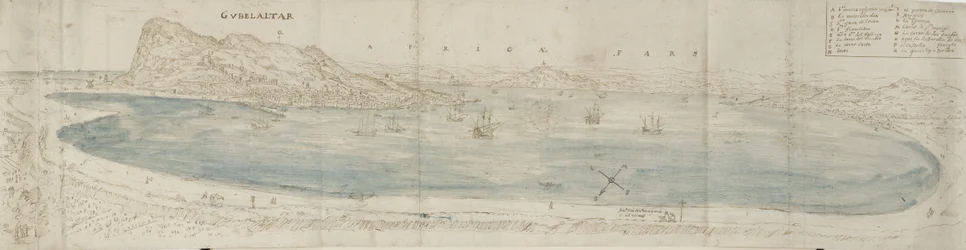 Vista panorâmica sobre a Baía de Gibraltar, olhando para a cidade e a costa africana além (caneta e tinta marrom com lavagem azul sobre giz preto)